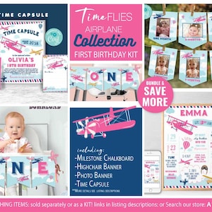 Kit de decoração de primeiro aniversário de avião rosa vintage - Corjl - Pôster de marco - Cápsula do tempo - Cadeira alta - Faixa de foto - Somente primeiro aniversário - A166