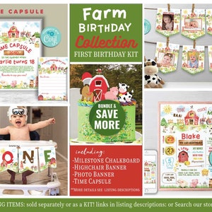 Kit de decoração de primeiro aniversário da fazenda - Autoedição com Corjl - Pôster de marco - Cápsula do tempo - Cadeira alta - Faixa de fotos - Festa no celeiro - Animal da fazenda - 235 R