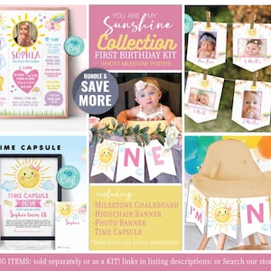Kit de primeiro aniversário Sunshine - Autoedição com Corjl - Pôster de marco - Banner para cadeira alta - Banner com foto - Conjunto de cápsula do tempo Pacote de aniversário Sunshine - A159