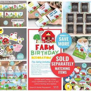 Peut inclure: D&eacute;corations de f&ecirc;te d'anniversaire sur le th&egrave;me de la ferme en rouge, vert et bleu avec une grange, des animaux et les mots "Farm Birthday Decoration".