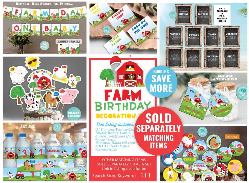 Peut inclure: D&eacute;corations de f&ecirc;te d'anniversaire sur le th&egrave;me de la ferme en rouge, vert et bleu avec une grange, des animaux et les mots "Farm Birthday Decoration".