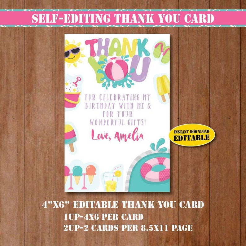Pool Party Thank You Card-printable Pool Party Thank You | Etsy