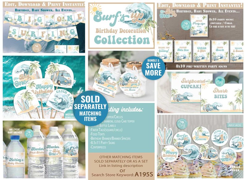 May include: A collection of printable party decorations for a surfing-themed birthday party. The decorations include a banner, cupcake toppers, water bottle labels, party signs, and favor tags. The color scheme is blue, green, and white with a beachy vibe.