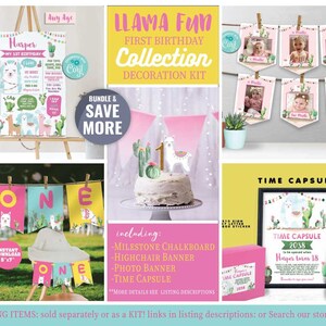 Kit de decoração para o primeiro aniversário de lhama - Edição com Corjl - Cápsula do tempo - Foto - Cadeira alta - Faixas - Pôster de marco - Festa - Cacto - Festa divertida com lhama - A171-K