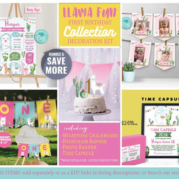 Llama First Birthday Decoration Kit-Edit w Corjl-Time Capsule-Photo-Highchair-Banners-Milestone Poster-Fiesta-Cactus-Llama Fun Party-A171-K