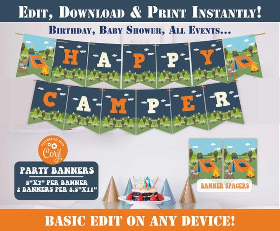 Camping Party Banners-Corjl-One Happy Camper-Camping Birthday Banner Decorations-Bonfire-Campout-Campfire-First Birthday-Any Age-A129B