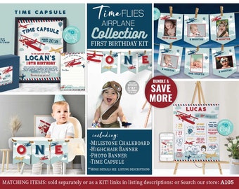 Vintage Airplane First Birthday Decoration Kit-Self-Edit with Corjl-Milestone Poster-Time Capsule-Highchair-Photo Banner-First Birthday-A105