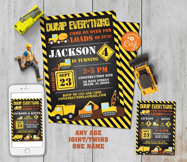 Construction Birthday Invitation-Self Edit w corjl-Construction Party Invite-under Construction Party-Dump Truck-First Birthday-AnyAge-A103 image 1