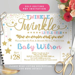 Self-Editing Gender Reveal Invitation-Twinkle Twinkle Little Star Baby Shower Invitation-Printable Gender Reveal Party Baby Shower-B404 image 1