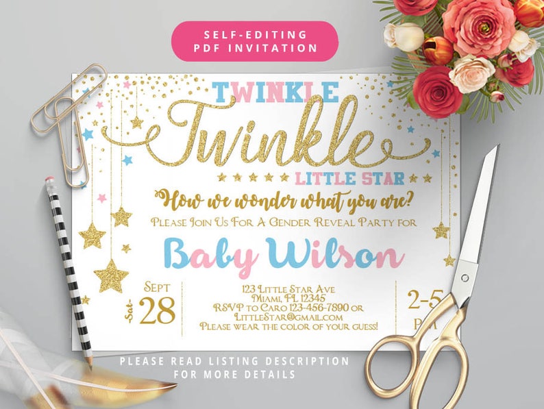 Self-Editing Gender Reveal Invitation-Twinkle Twinkle Little Star Baby Shower Invitation-Printable Gender Reveal Party Baby Shower-B404 image 1