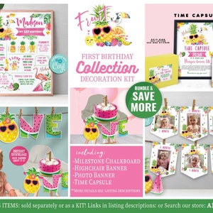 Kit de decoração de primeiro aniversário de abacaxi - Edit Corjl - Pôster de marco - Cápsula do tempo - Foto - Banner para cadeira alta - Tutti-Frutti - Melancia A168-A169