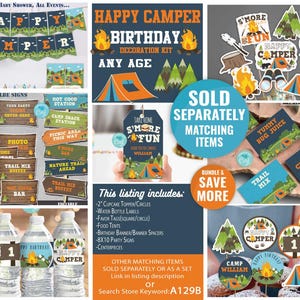 May include: A Happy Camper birthday party decoration kit with a blue and green color scheme. The kit includes a banner, cupcake toppers, water bottle labels, favor tags, food tents, party signs, and centerpieces. The kit is editable and can be personalized with a name. The text on the banner reads "Happy Camper Birthday Decoration Kit Any Age".