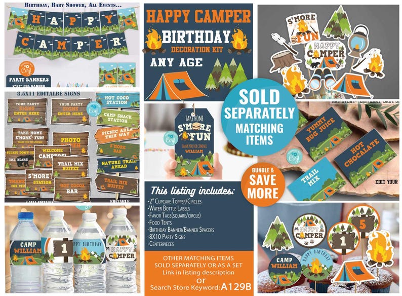 May include: A Happy Camper birthday party decoration kit with a blue and green color scheme. The kit includes a banner, cupcake toppers, water bottle labels, favor tags, food tents, party signs, and centerpieces. The kit is editable and can be personalized with a name. The text on the banner reads "Happy Camper Birthday Decoration Kit Any Age".