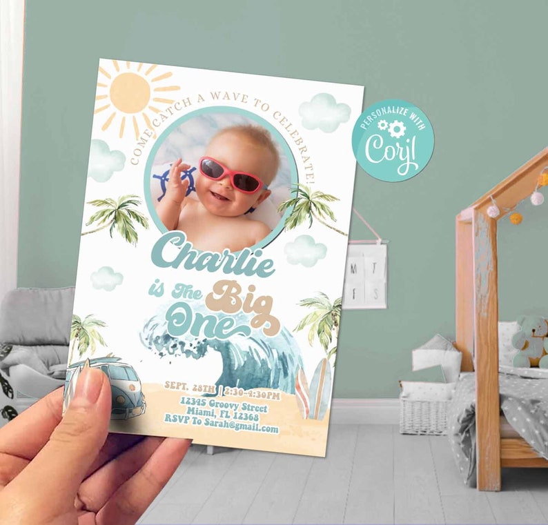 May include: A blue and white invitation with a photo of a baby boy wearing sunglasses. The invitation says "Come catch a wave to celebrate! Charlie is the Big One."  The invitation also includes a date, time, address, and RSVP information.