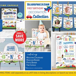 Transport Erster Geburtstag Dekoration Kit-Meilenstein Tafel Poster-Zeitkapsel-Hochstuhl & Foto Banner-Corjl-Flugzeug-Auto-LKW-A229