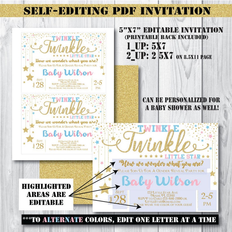 Self-Editing Gender Reveal Invitation-Twinkle Twinkle Little Star Baby Shower Invitation-Printable Gender Reveal Party Baby Shower-B404 image 2