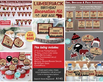 Lumberjack BIRTHDAY Decoration Kit-Corjl-Centerpiece-Cupcake Topper-Bottle Label-Favor Tag-Food Tent-Banner-Sign-First Birthday-AnyAge-A145