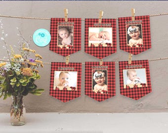Lumberjack Birthday Photo Banner-Self Edit w Corjl-Lumberjack Photo Decoration-RusticLumberjack First Birthday-Wild ONE--Bear-Any Age-A145