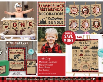 Lumberjack First Birthday Decoration Bundle-Self Edit w Corjl-Milestone-Time Capsule-Photo-Highchair Banners-Lumberjack-Wild ONE-Bear-A145