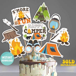May include: A set of 10 camping themed cake toppers. The toppers feature a campfire, a tent, a tree, binoculars, a lantern, and a sign that says "S'more Fun". The toppers are perfect for a camping themed birthday party.