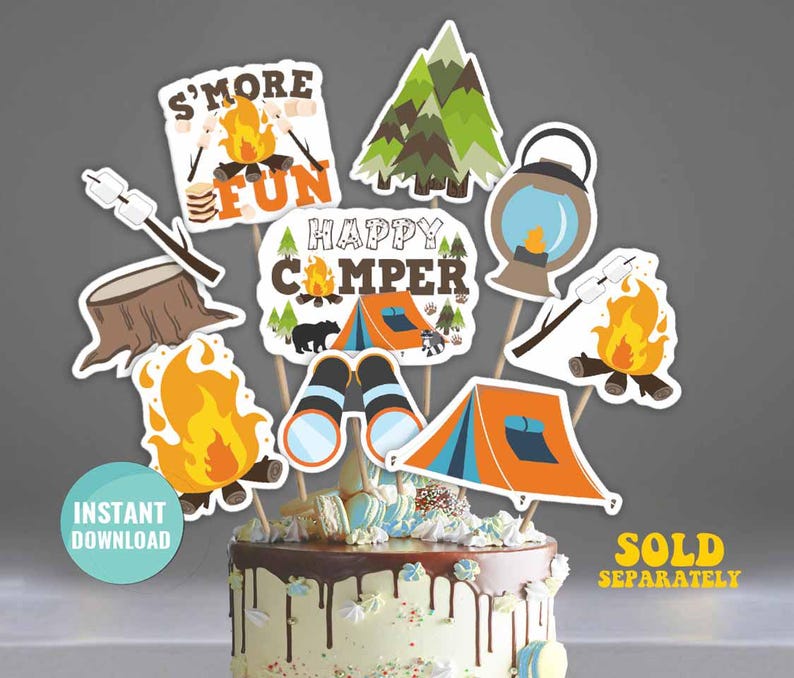 May include: A set of 10 camping themed cake toppers. The toppers feature a campfire, a tent, a tree, binoculars, a lantern, and a sign that says "S'more Fun". The toppers are perfect for a camping themed birthday party.