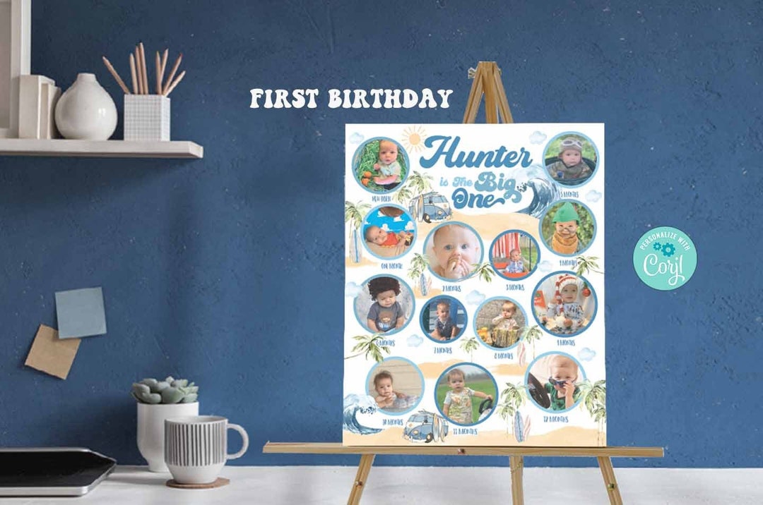 Surfing Birthday Photo Milestone Poster, First Birthday (digital ...