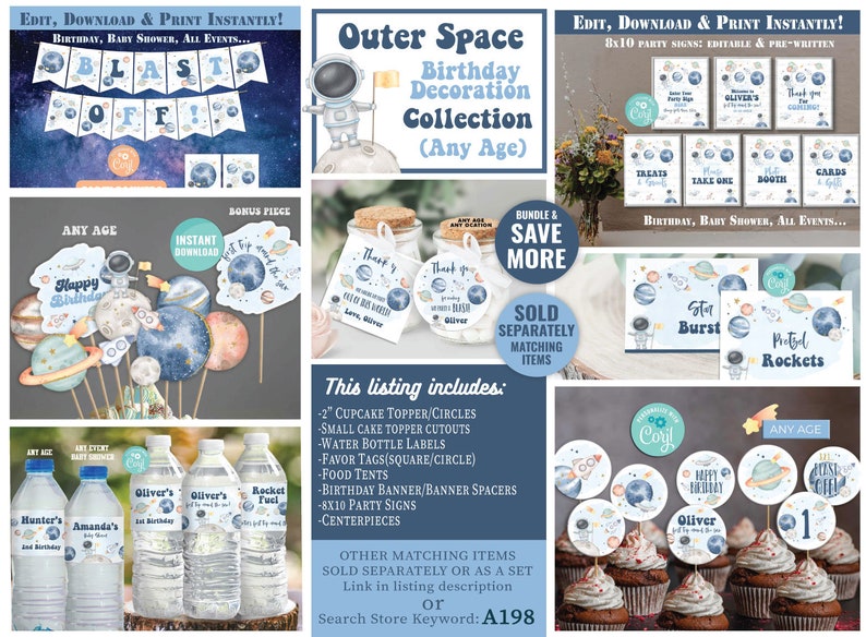 Pu&ograve; includere: Decorazioni per feste di compleanno a tema spaziale. Il set stampabile include topper per cupcake, etichette per bottiglie d'acqua, etichette regalo, uno striscione e cartelli per feste 20x25 cm. Il design presenta un astronauta ad acquerello, pianeti, stelle e razzi in tonalit&agrave; di blu, grigio e bianco.
