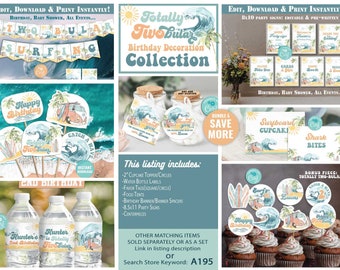 May include: A collection of printable party decorations for a 2nd birthday with a surfing theme. The decorations include cupcake toppers, water bottle labels, favor tags, food tents, a banner, party signs, and centerpieces. The design features a blue and green watercolor wave, a red and white van, and the text "Totally Two-bular".