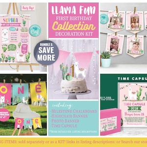 Kit de decoração para o primeiro aniversário de lhama - Edição com Corjl - Cápsula do tempo - Foto - Cadeira alta - Faixas - Pôster de marco - Festa - Cacto - Festa divertida com lhama - A171-K