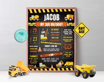 Construction Birthday Milestone Chalkboard-Self Edit w Corjl-Dump Truck Party-Welcome Board Decoration Sign-First Birthday-AnyAge-A103-16x20