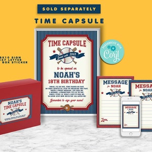 Pu&ograve; includere: Un kit di capsula del tempo a tema baseball con una scatola rossa, un cartello, una lettera e un adesivo. Il cartello dice "Time Capsule" e "Sealed until 2040" con una palla da baseball e mazze. Il cartello dice anche "to be opened on Noah's 18th Birthday". La scatola ha un adesivo che dice "Noah's Time Capsule" con una palla da baseball e mazze.