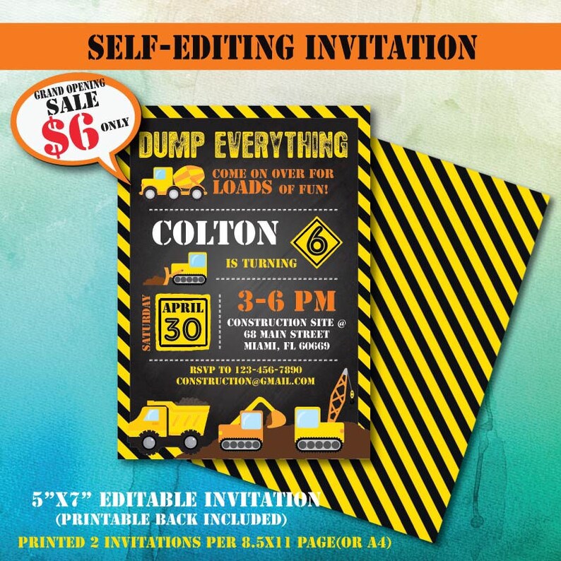 Construction Birthday Invitation Self Editing Printable Etsy