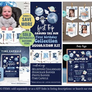 Pu&ograve; includere: Un kit di decorazioni per feste di primo compleanno blu e bianco a tema spaziale. Il kit include una lavagna per i traguardi, uno striscione per la seggiolona, uno striscione fotografico e una capsula del tempo. Le decorazioni presentano pianeti, stelle, razzi e astronauti.