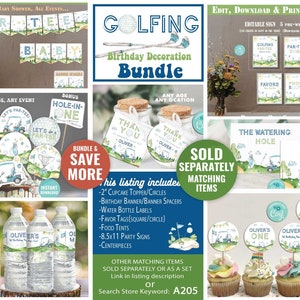 May include: A golfing themed birthday party decoration bundle. The bundle includes a banner, cupcake toppers, water bottle labels, favour tags, food tents, party signs, and centrepieces. The decorations feature a golf cart, golf balls, and green grass.