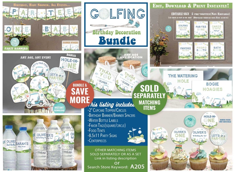 May include: A golfing themed birthday party decoration bundle. The bundle includes a banner, cupcake toppers, water bottle labels, favour tags, food tents, party signs, and centrepieces. The decorations feature a golf cart, golf balls, and green grass.