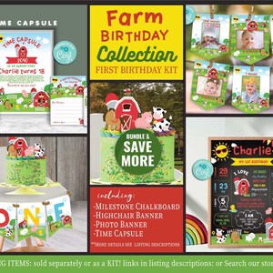 Peut inclure: Collection d'imprim&eacute;s pour une f&ecirc;te d'anniversaire sur le th&egrave;me de la ferme pour un premier anniversaire avec des illustrations de grange rouge, de vache, de cochon et de tracteur. Comprend une capsule temporelle, un tableau noir pour les jalons, une banni&egrave;re pour la chaise haute et une banni&egrave;re photo.