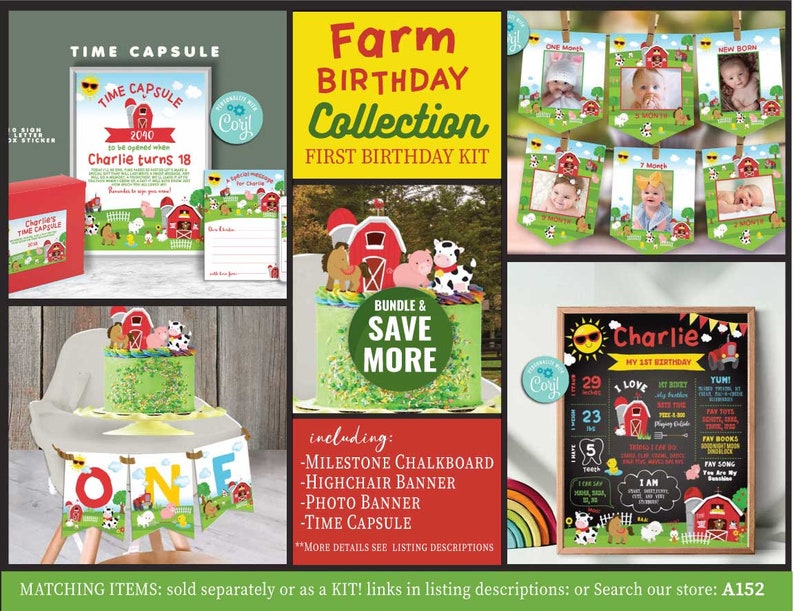 Peut inclure: Collection d'imprim&eacute;s pour une f&ecirc;te d'anniversaire sur le th&egrave;me de la ferme pour un premier anniversaire avec des illustrations de grange rouge, de vache, de cochon et de tracteur. Comprend une capsule temporelle, un tableau noir pour les jalons, une banni&egrave;re pour la chaise haute et une banni&egrave;re photo.