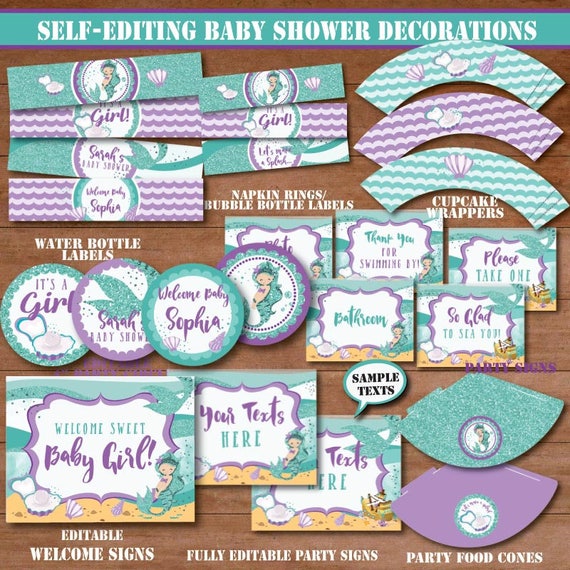 Self Editing Little Mermaid Baby Shower Decorations Printable Etsy