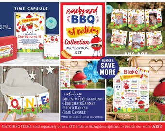 BBQ First Birthday Decoration Kit-Self edit w Corjl-Milestone Poster-Time Capsule-Photo-Highchair-Banner-Backyard BBQ-Party-Summer-Pool-A133