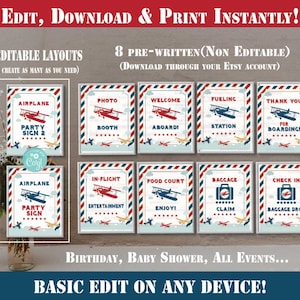 Vintage Airplane Party Sign-Self-Edit with Corjl-Airplane Birthday Party Sign Decoration-Welcome Sign-First Birthday-AnyAge-Baby Shower-A105