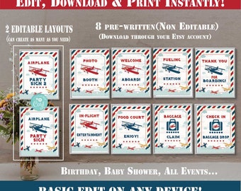 Può includere: Segnali per feste a tema aereo stampabili con strisce rosse, bianche e blu. I segnali presentano una varietà di disegni a tema aereo, tra cui "Airplane Party Sign 2", "Welcome Aboard", "Fueling Station", "Thank You for Boarding", "In-Flight Entertainment", "Food Court Enjoy", "Baggage Claim" e "Check In Baggage Drop".