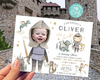 Knight Birthday Invitation-Self Edit Corjl-Once Upon A Time-Knights Dragons Princess-Castle Royal 1ST-Medieval First Birthday-AnyAge-A202-Fa