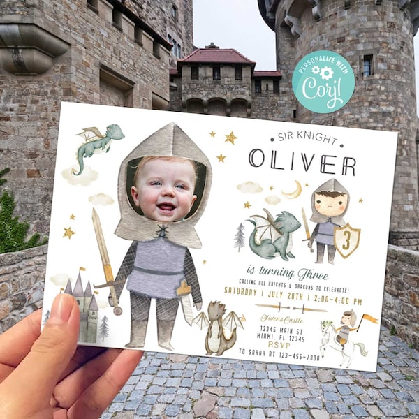 Knight Birthday Invitation-Self Edit Corjl-Once Upon A Time-Knights Dragons Princess-Castle Royal 1ST-Medieval First Birthday-AnyAge-A202-Fa