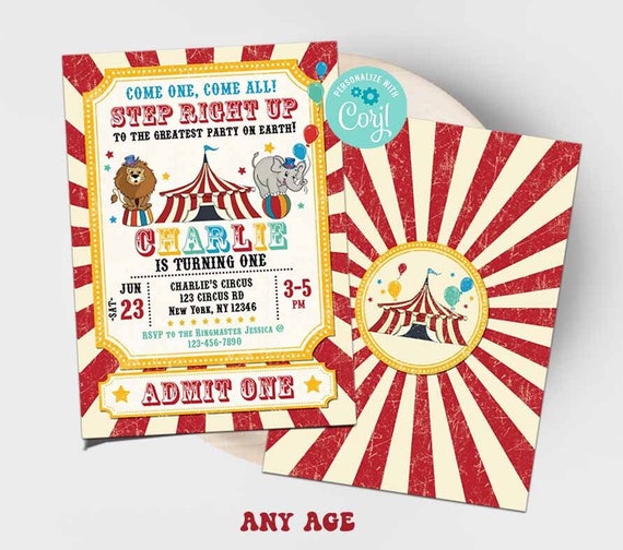 Vintage Circus Birthday Invitation-Corjl-Carnival Invite-3 Ring Circus Party-Come One Come All-Carnival Party-First Birthday-AnyAge-A226