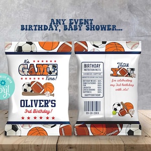 All Star Sport Babyparty Chip Taschenvorlage-Corjl-Sportparty-Oh Boy-Fußball-Baseball-Basketball-Fußball-erster Geburtstag-jedes Alter-A136