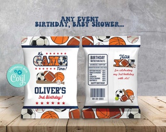 Plantilla para bolsa de patatas fritas All Star Sports, editable, recuerdo para baby shower de Corjl - A136