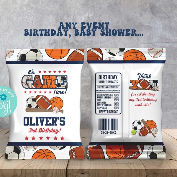 All Star Sport Baby Shower Chip Bag Template-Corjl-Sports Party-Oh Boy-Football-Baseball-Basketball-Soccer-First Birthday-Any Age-A136