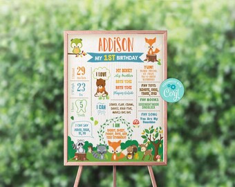 Woodland Birthday Milestone Poster-Self Edit w Corjl-Woodland Party Welcome Sign Poster Decoration-Jungle-Forest-First Birthday-AnyAge-A138