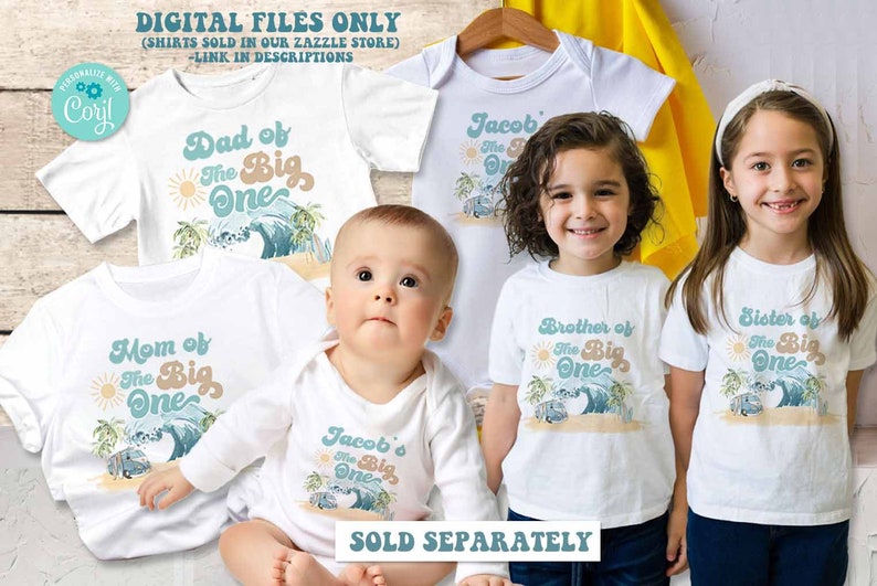 May include: Set of five white t-shirts with a beach theme and text that reads "Dad of the Big One", "Mom of the Big One", "Jacob's the Big One", "Brother of the Big One", and "Sister of the Big One".