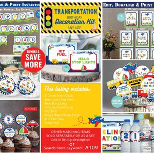 Transportation Birthday Decoration Kit-Corjl-Centerpiece-Cupcake-Favor-Banner-Sign-Water Bottle-Airplane Train-First Birthday-Any Age-A109